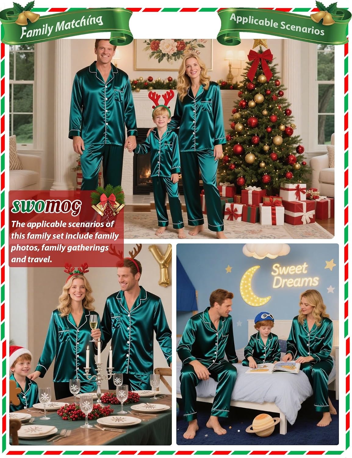 image:imageSWOMOG Family Matching Pajamas Set Silk Satin Button Down Sleepwear Long Sleeve Nightwear 2 Pcs Pj Set Women Green Small