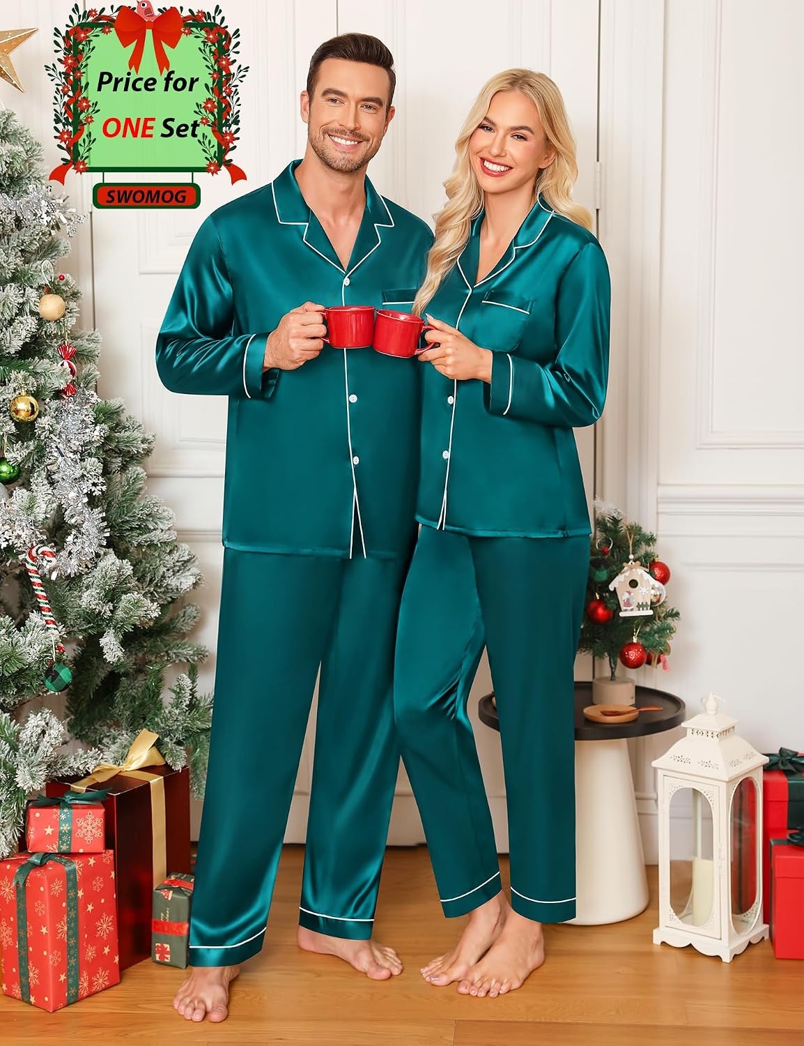 image:imageSWOMOG Family Matching Pajamas Set Silk Satin Button Down Sleepwear Long Sleeve Nightwear 2 Pcs Pj Set Women Green Small