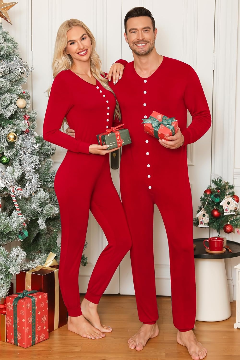 image:imageSWOMOG Matching Family Pajamas Sets Christmas Couple PJs Holiday Onesise Nightwear Household Sleepwear Sets with Pet bibs Red