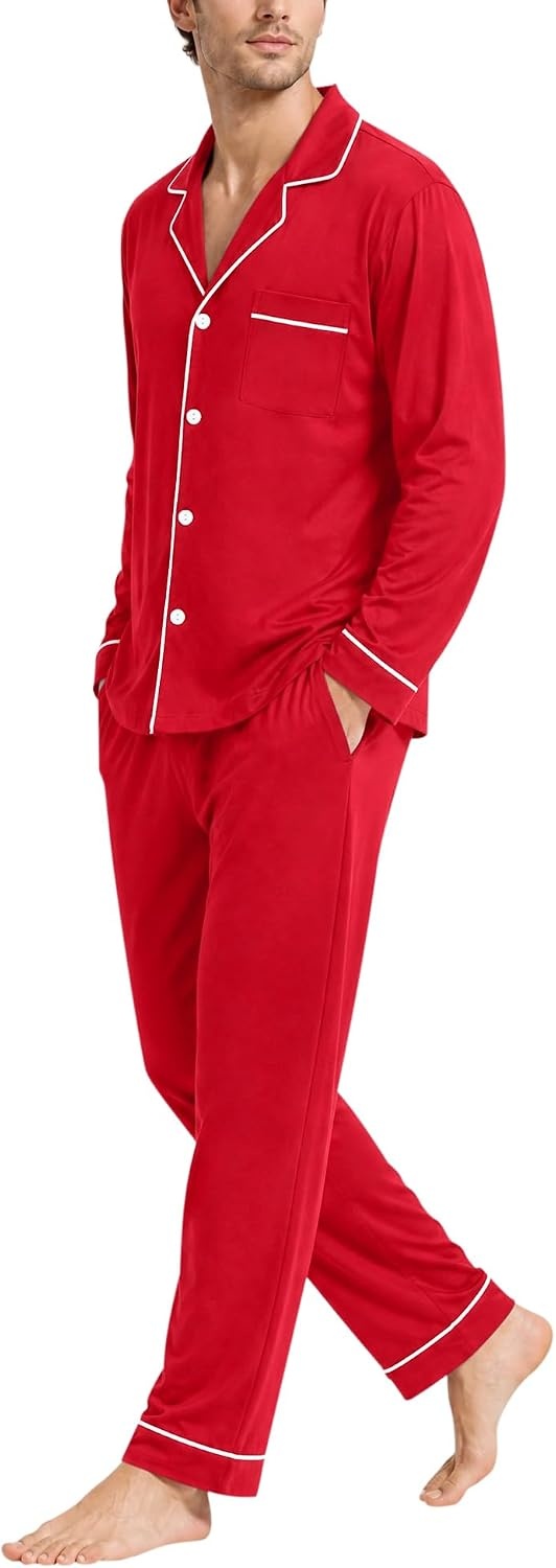 image:imageSWOMOG Mens 100 Cotton Pajama Sets Soft Long Sleeve Sleepwear Pjs SetsRed Christmas