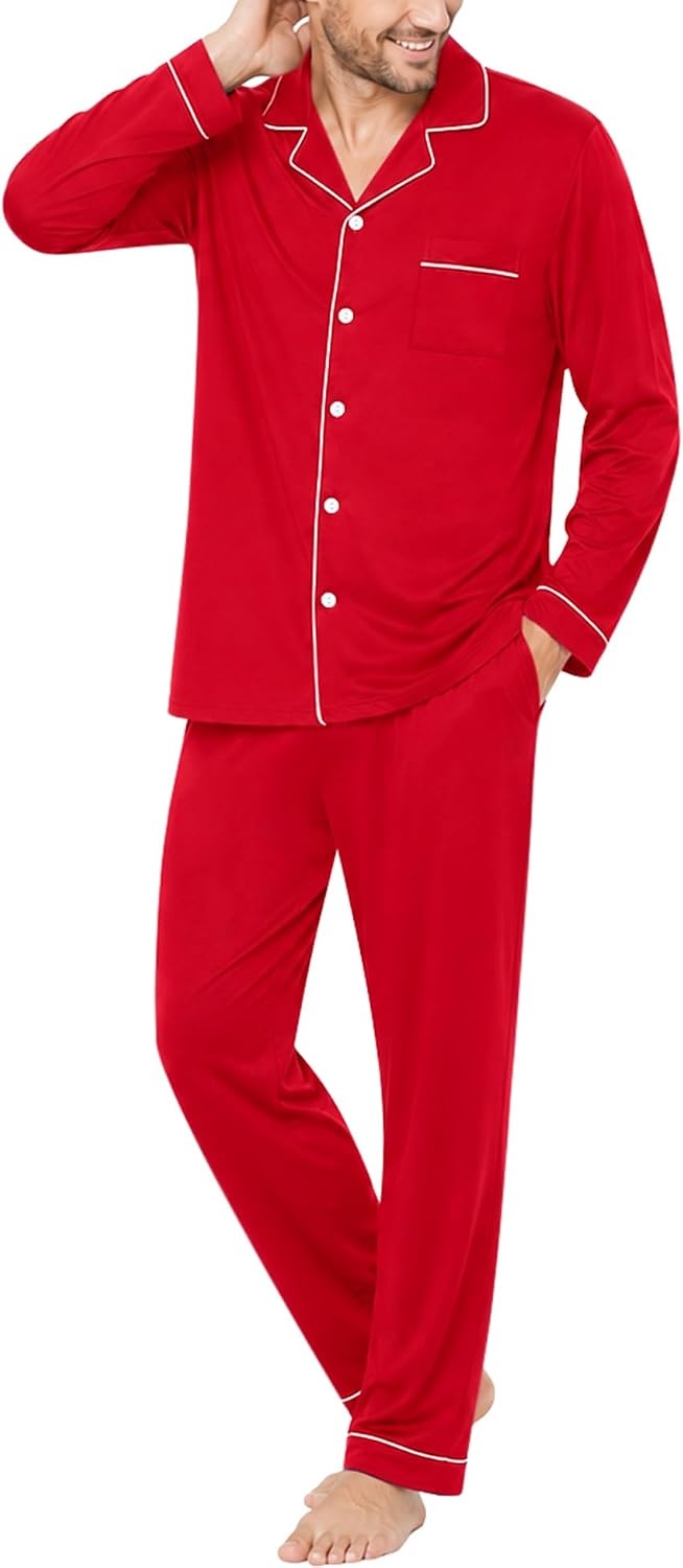 image:imageSWOMOG Mens 100 Cotton Pajama Sets Soft Long Sleeve Sleepwear Pjs SetsRed Christmas