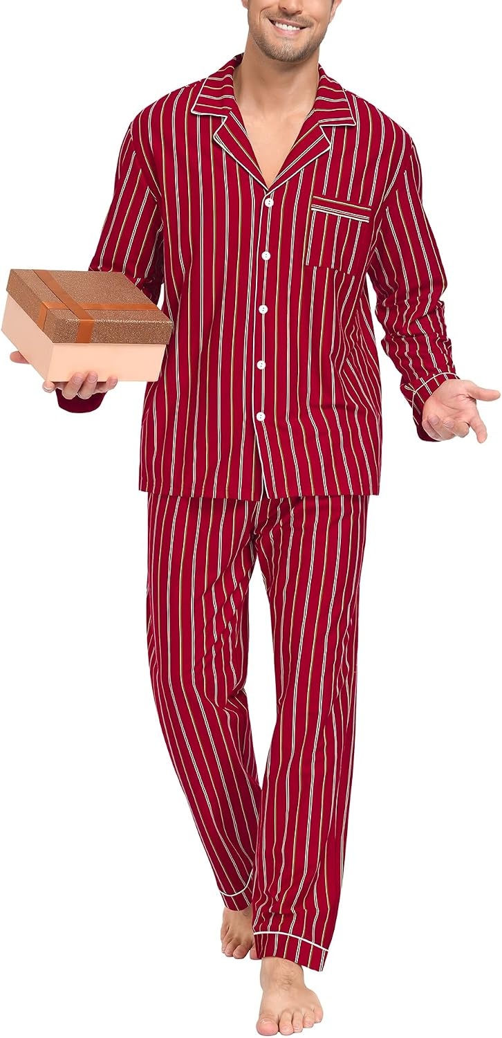 image:imageSWOMOG Mens 100 Cotton Pajama Sets Soft Long Sleeve Sleepwear Pjs SetsWine Red Striped