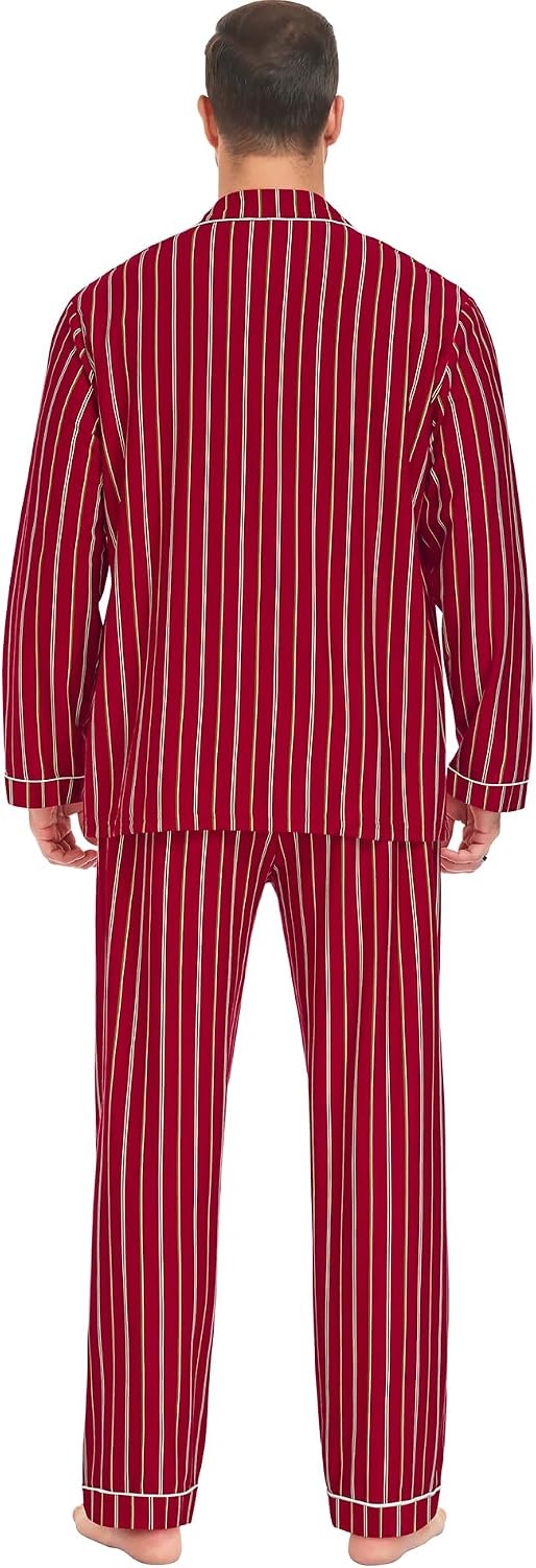 image:imageSWOMOG Mens 100 Cotton Pajama Sets Soft Long Sleeve Sleepwear Pjs SetsWine Red Striped
