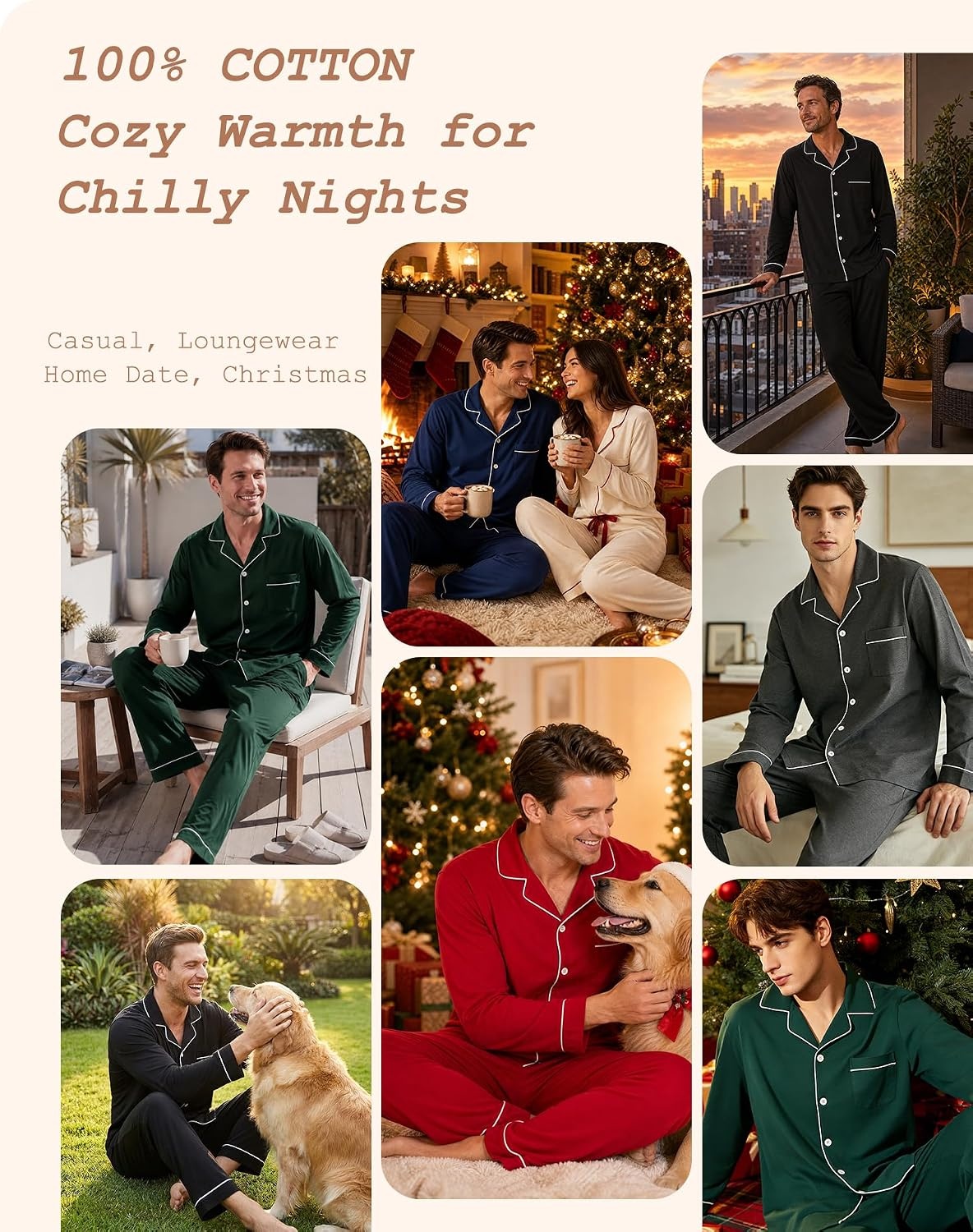 image:imageSWOMOG Mens 100 Cotton Pajama Sets Soft Long Sleeve Sleepwear Pjs SetsWine Red Striped