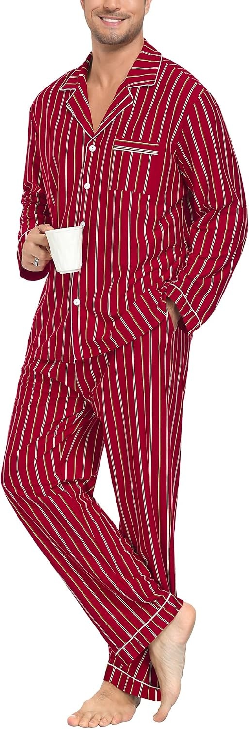 image:imageSWOMOG Mens 100 Cotton Pajama Sets Soft Long Sleeve Sleepwear Pjs SetsWine Red Striped