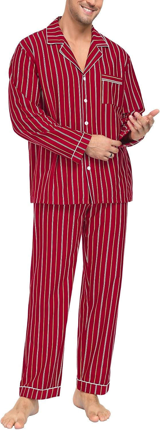 image:imageSWOMOG Mens 100 Cotton Pajama Sets Soft Long Sleeve Sleepwear Pjs SetsWine Red Striped