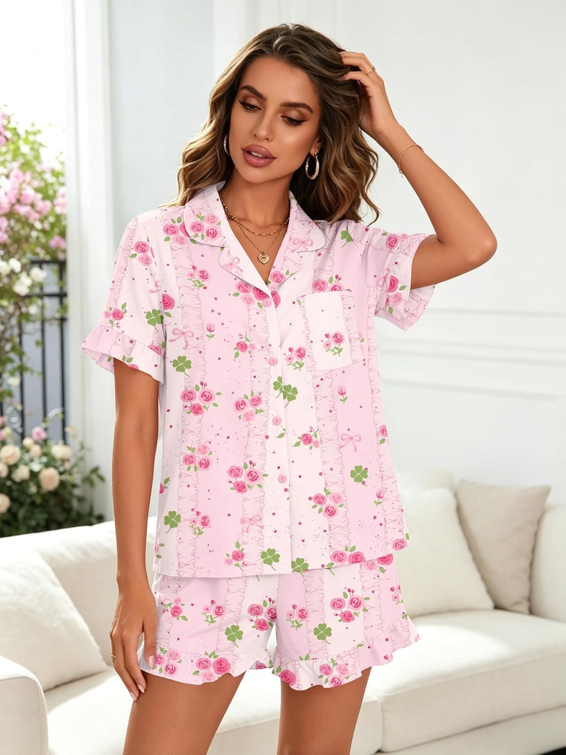 image:imageSWOMOG Woman Pajama Set Short Sleeve Pjs Set 2Pcs Short Pajamas Button Down Ruffle Hem Sleepwear Soft Modal LoungewearPink Rose Floral