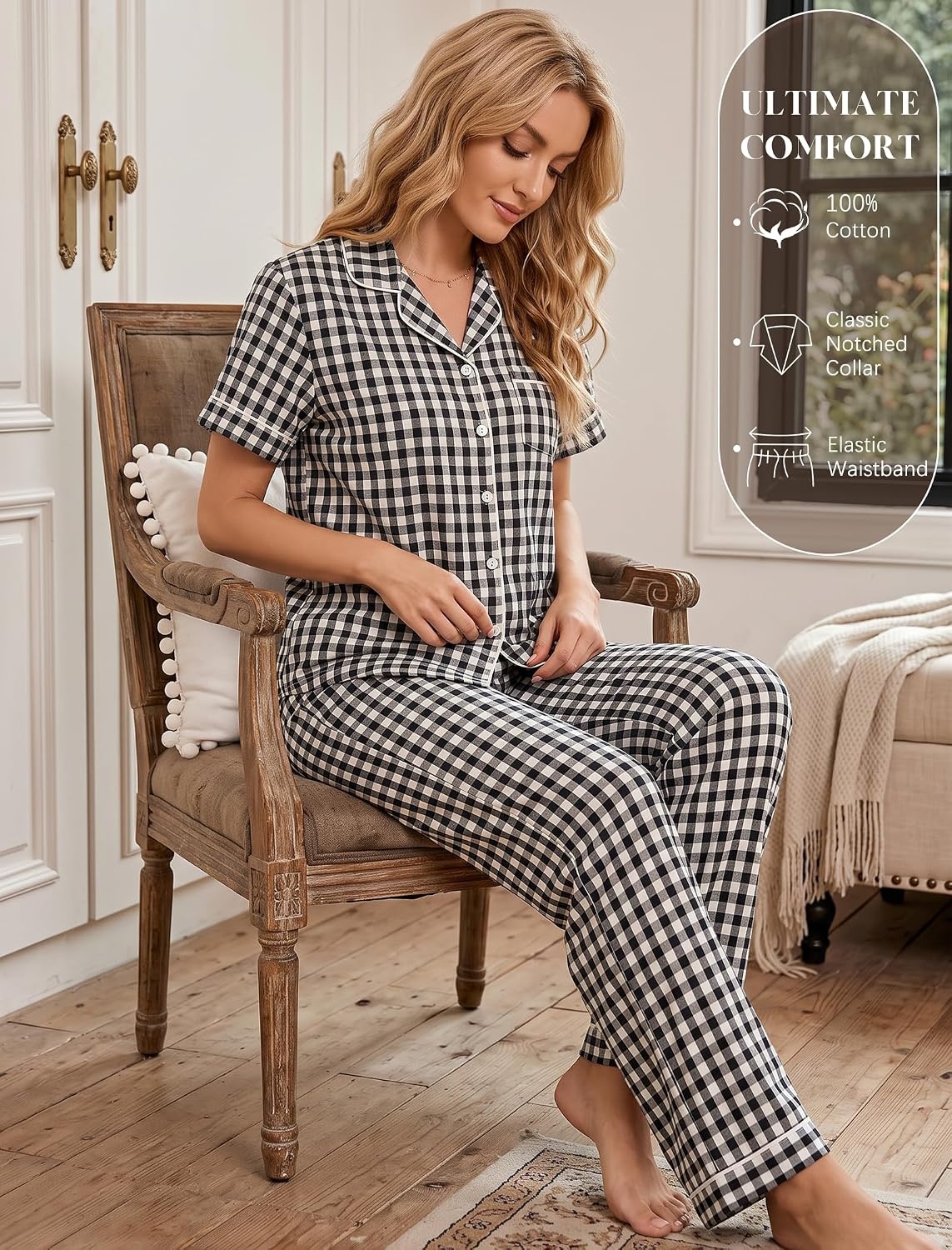 image:imageSWOMOG Women 100 Cotton Pajamas Set 2PCS ButtonDown Sleepwear Tops and Pants with Pocket Summer Loungewear SXXLBlackwhite Plaid