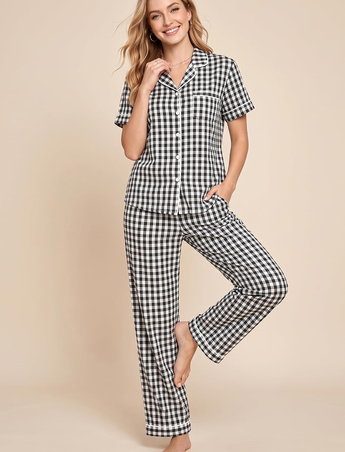 image:imageSWOMOG Women 100 Cotton Pajamas Set 2PCS ButtonDown Sleepwear Tops and Pants with Pocket Summer Loungewear SXXLBlackwhite Plaid