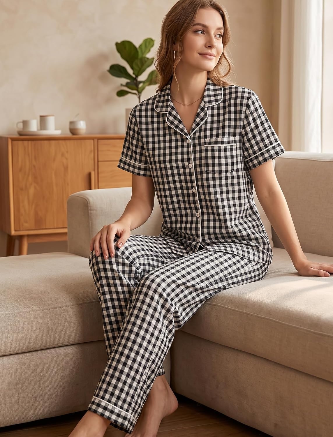 image:imageSWOMOG Women 100 Cotton Pajamas Set 2PCS ButtonDown Sleepwear Tops and Pants with Pocket Summer Loungewear SXXLBlackwhite Plaid