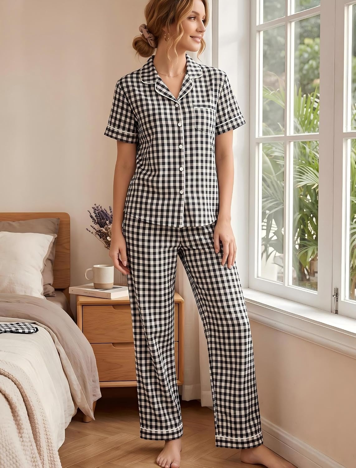 image:imageSWOMOG Women 100 Cotton Pajamas Set 2PCS ButtonDown Sleepwear Tops and Pants with Pocket Summer Loungewear SXXLBlackwhite Plaid