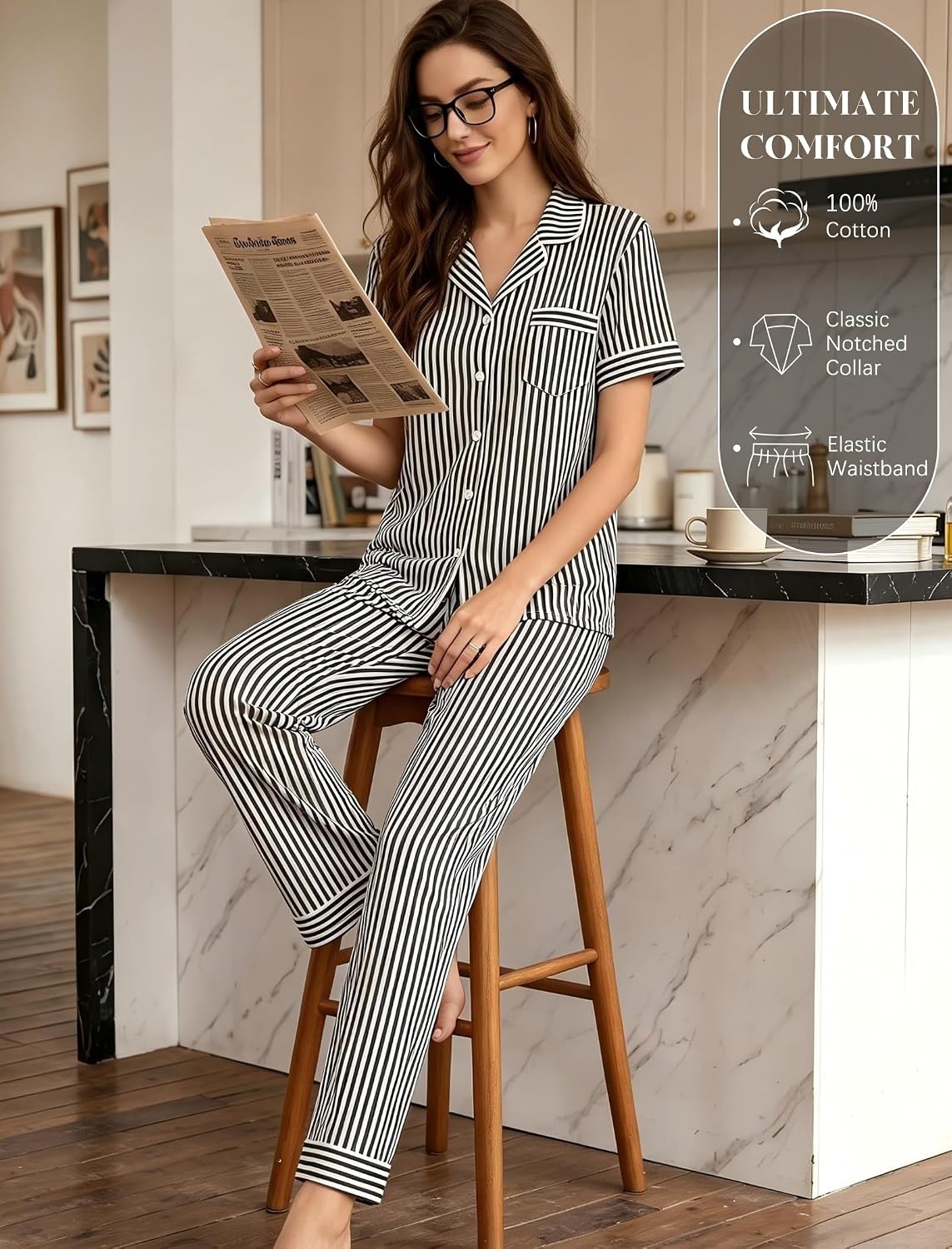 image:imageSWOMOG Women 100 Cotton Pajamas Set 2PCS ButtonDown Sleepwear Tops and Pants with Pocket Summer Loungewear SXXLBlackwhite Stripes
