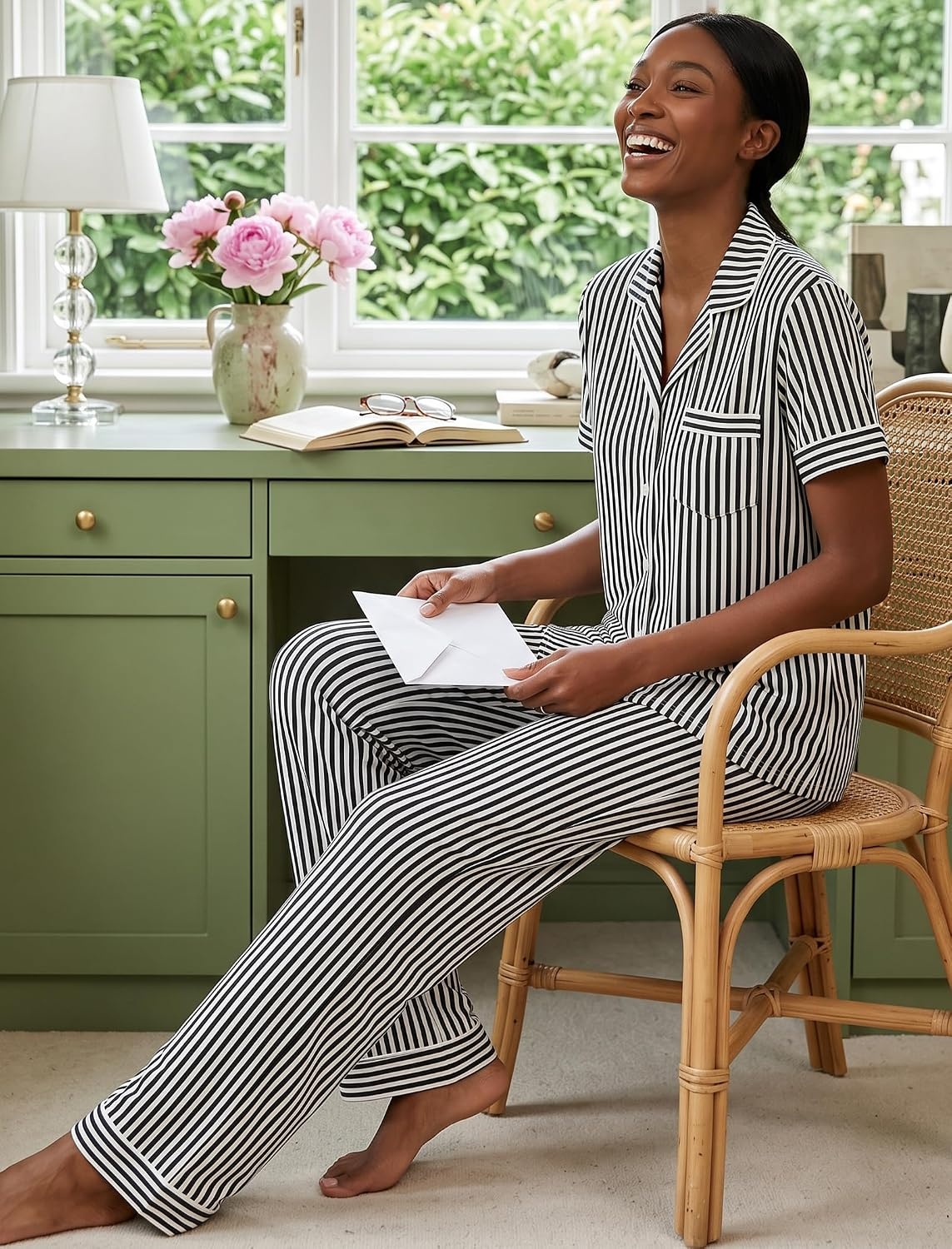 image:imageSWOMOG Women 100 Cotton Pajamas Set 2PCS ButtonDown Sleepwear Tops and Pants with Pocket Summer Loungewear SXXLBlackwhite Stripes