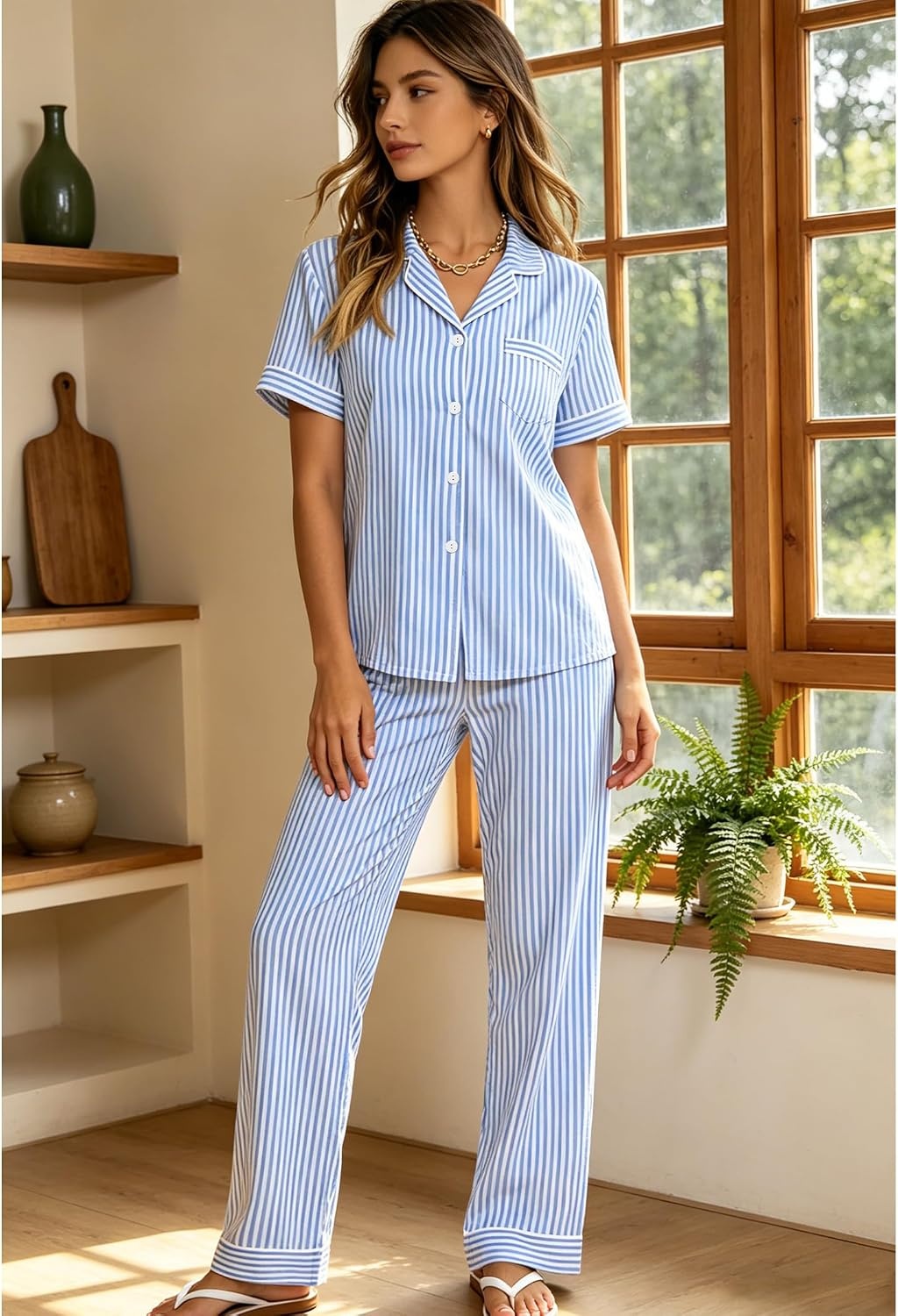 image:imageSWOMOG Women 100 Cotton Pajamas Set 2PCS ButtonDown Sleepwear Tops and Pants with Pocket Summer Loungewear SXXLBluewhite Stripes