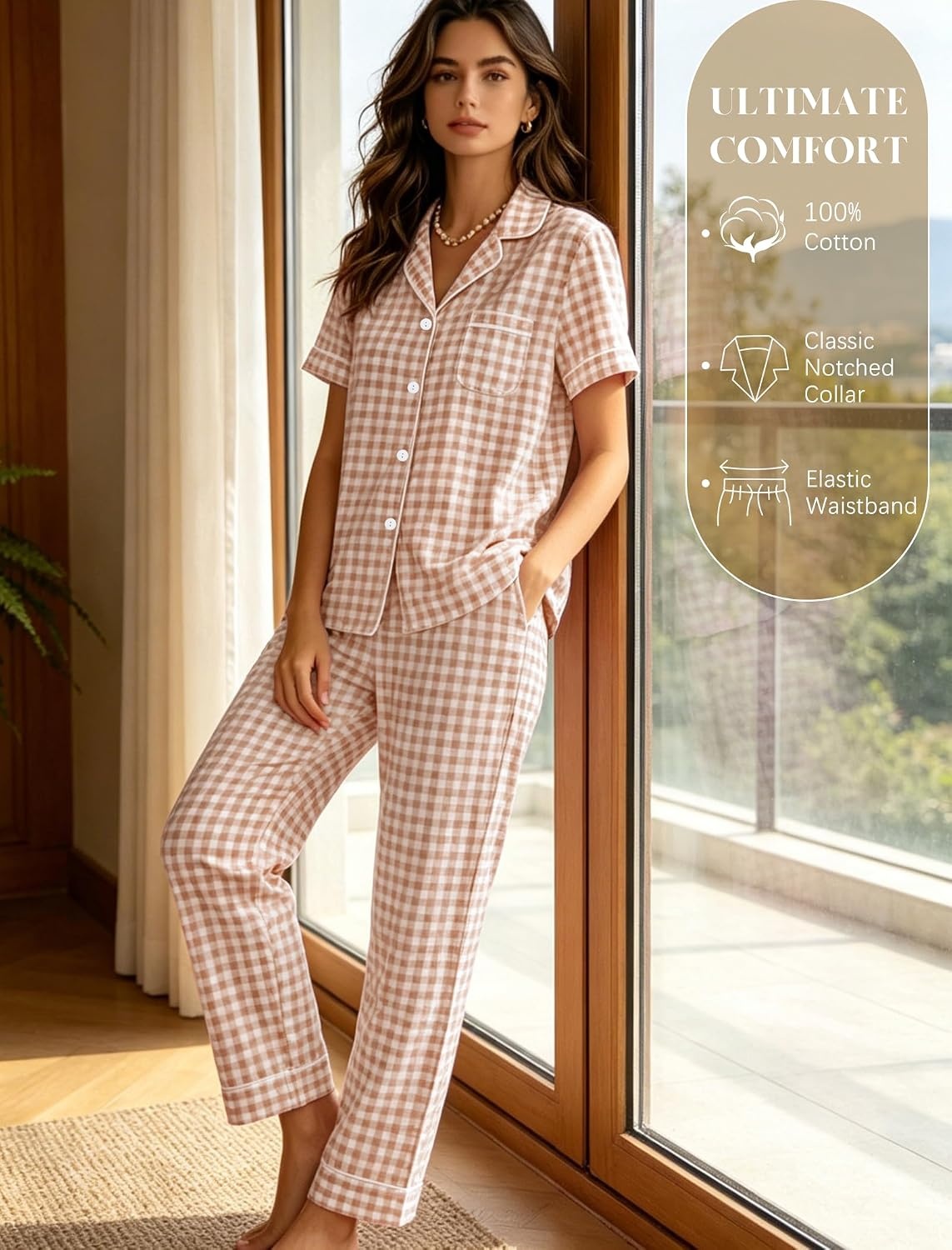 image:imageSWOMOG Women 100 Cotton Pajamas Set 2PCS ButtonDown Sleepwear Tops and Pants with Pocket Summer Loungewear SXXLLight Brownwhite Plaid
