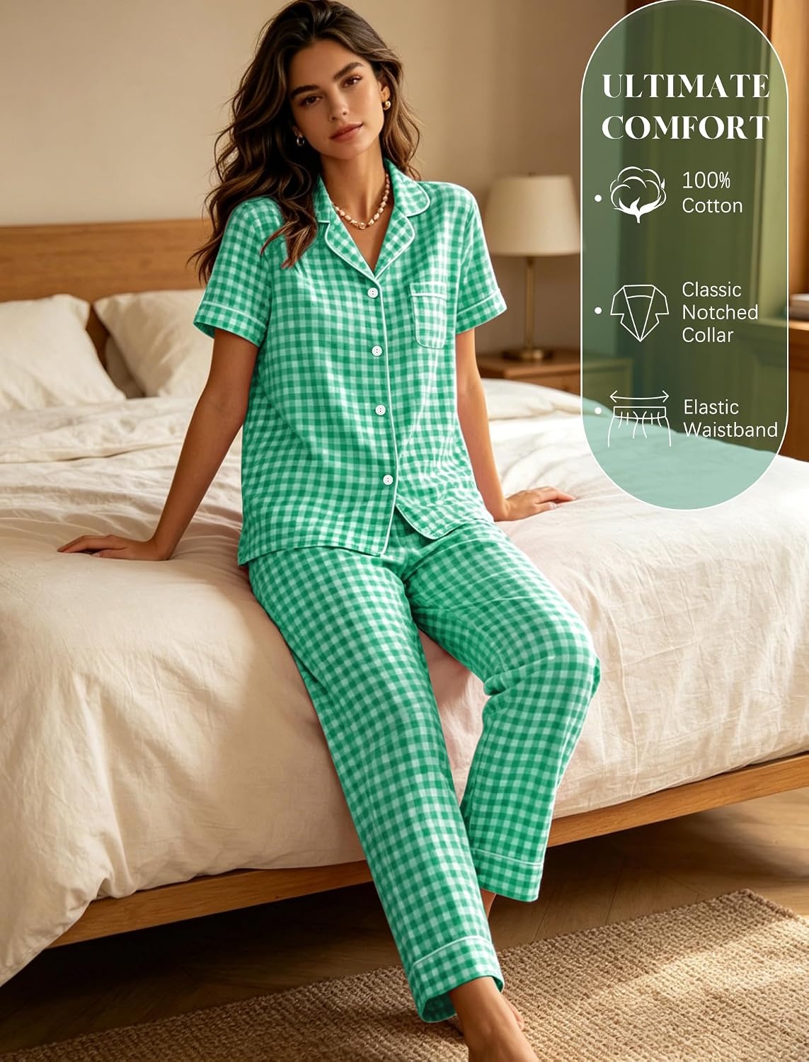 image:imageSWOMOG Women 100 Cotton Pajamas Set 2PCS ButtonDown Sleepwear Tops and Pants with Pocket Summer Loungewear SXXLLight Greenwhite Plaid