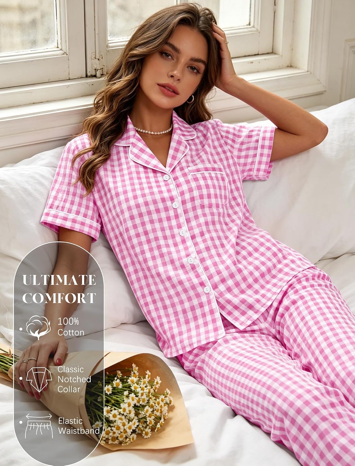 image:imageSWOMOG Women 100 Cotton Pajamas Set 2PCS ButtonDown Sleepwear Tops and Pants with Pocket Summer Loungewear SXXLPinkwhite Plaid