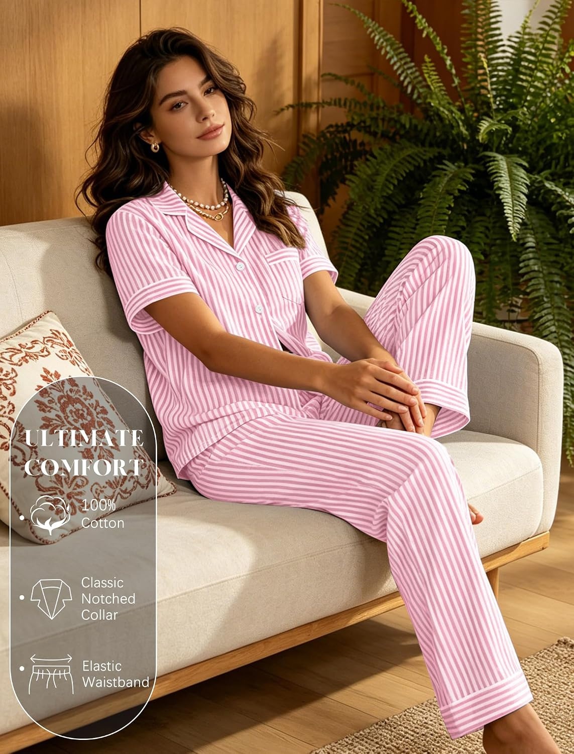 image:imageSWOMOG Women 100 Cotton Pajamas Set 2PCS ButtonDown Sleepwear Tops and Pants with Pocket Summer Loungewear SXXLPinkwhite Stripes