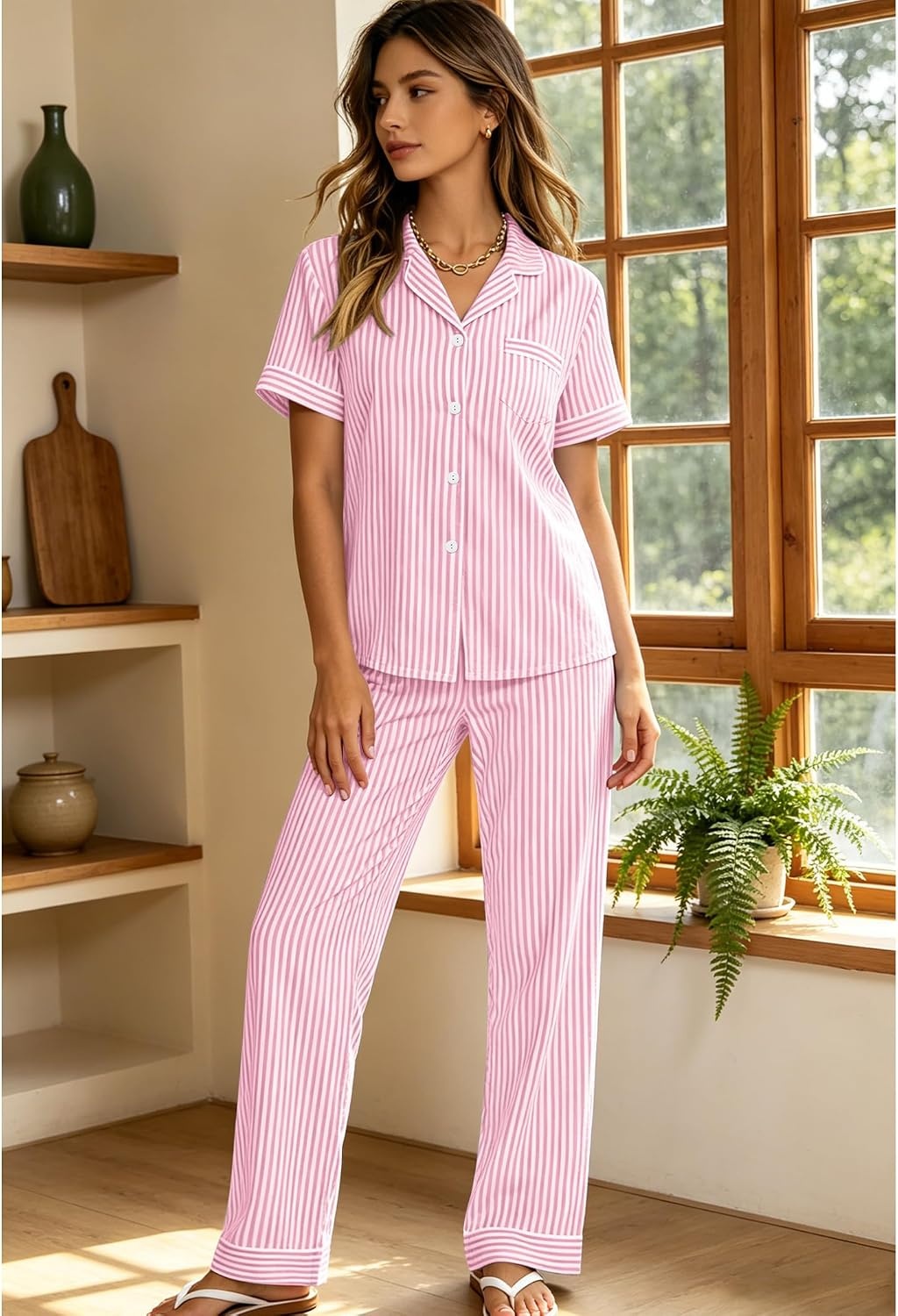 image:imageSWOMOG Women 100 Cotton Pajamas Set 2PCS ButtonDown Sleepwear Tops and Pants with Pocket Summer Loungewear SXXLPinkwhite Stripes
