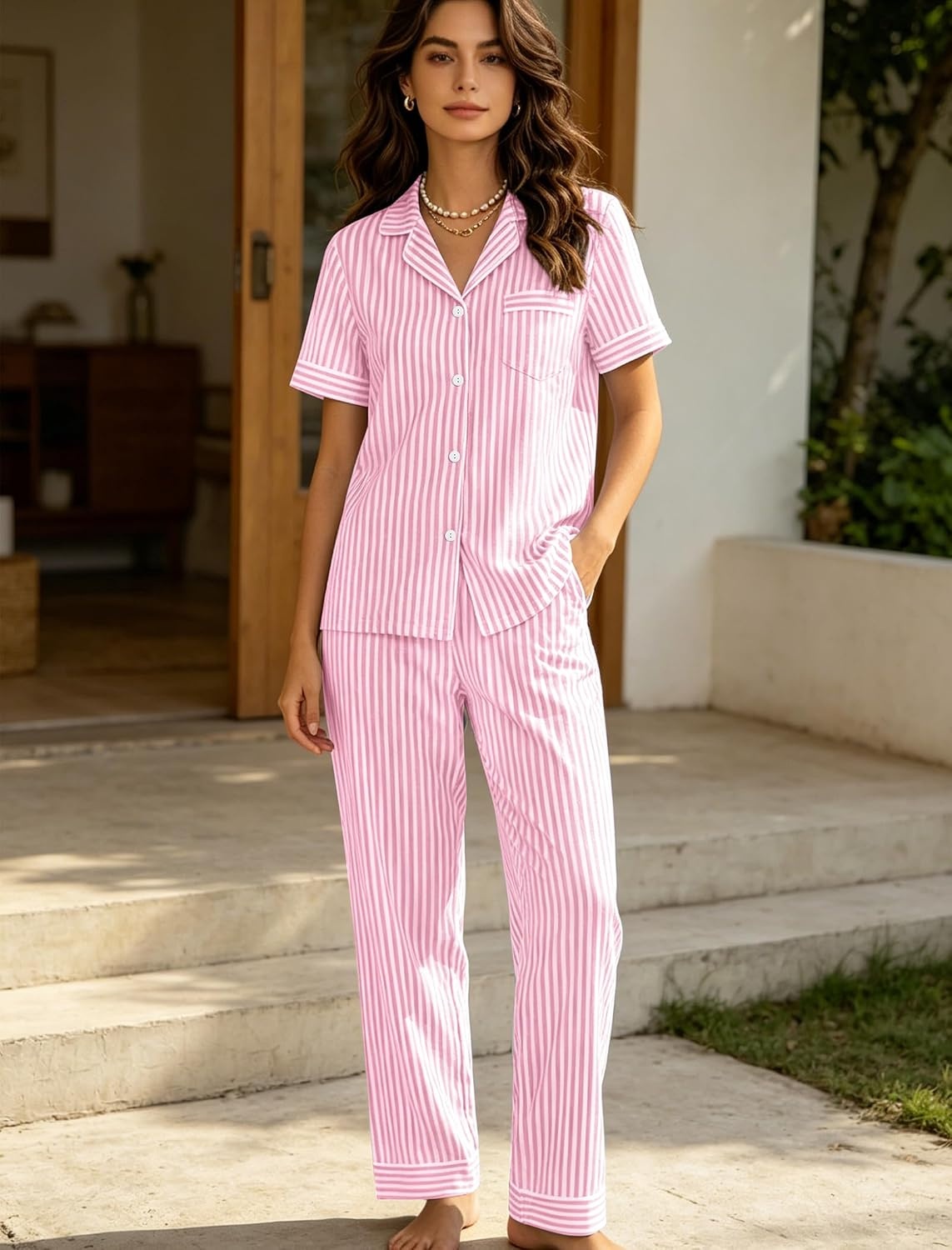 image:imageSWOMOG Women 100 Cotton Pajamas Set 2PCS ButtonDown Sleepwear Tops and Pants with Pocket Summer Loungewear SXXLPinkwhite Stripes