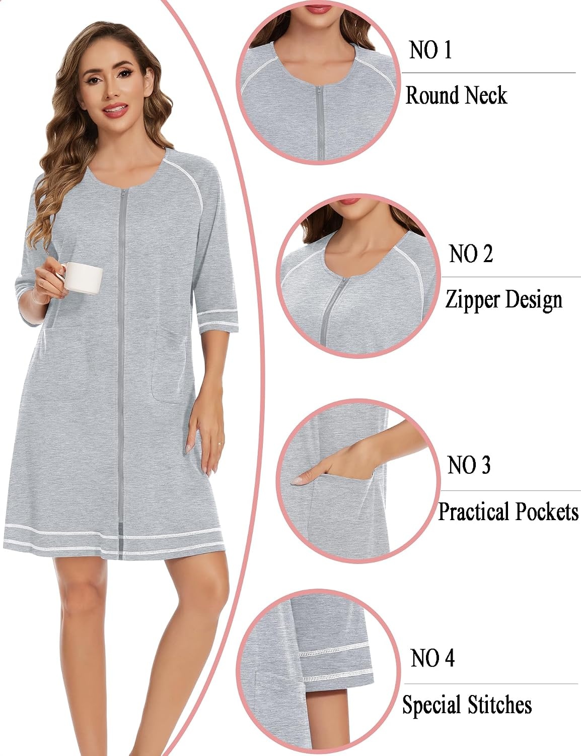image:imageSWOMOG Women Zip Up Robe 34 Sleeve Housecoat Soft Cotton Zipper Front Nightgown Loungewear with Pockets
