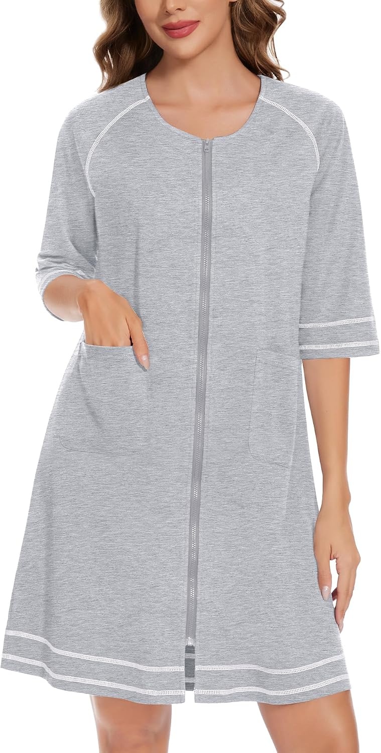 image:imageSWOMOG Women Zip Up Robe 34 Sleeve Housecoat Soft Cotton Zipper Front Nightgown Loungewear with Pockets