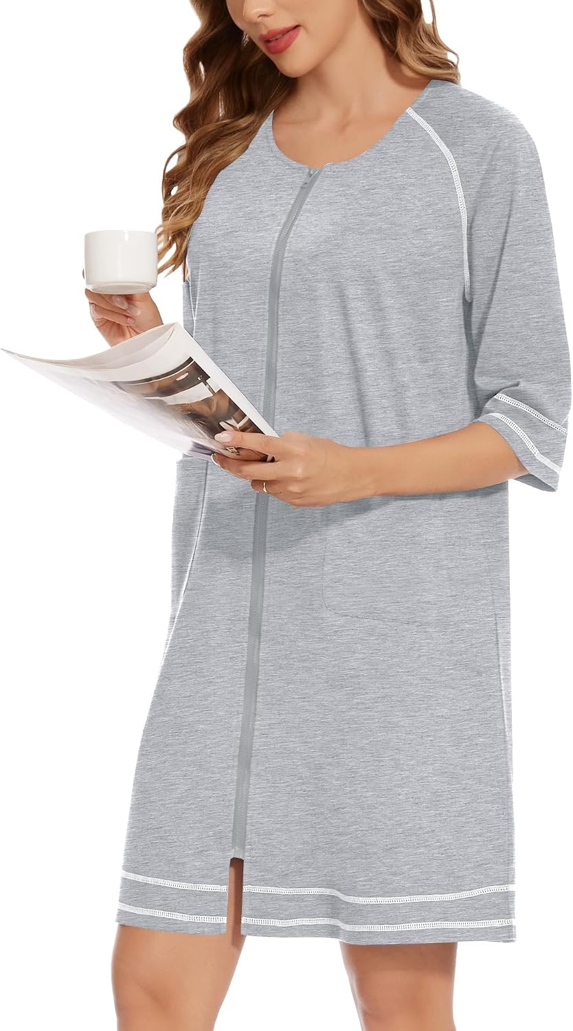 image:imageSWOMOG Women Zip Up Robe 34 Sleeve Housecoat Soft Cotton Zipper Front Nightgown Loungewear with Pockets