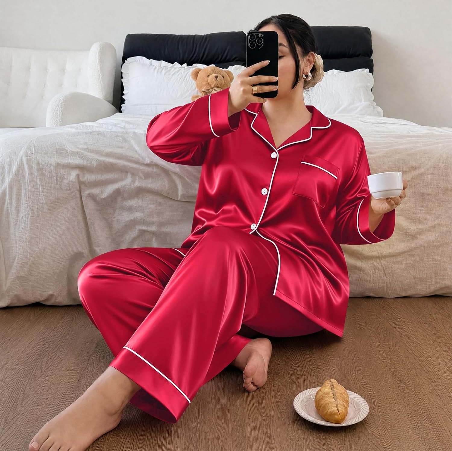 image:imageSWOMOG Womens Plus Size Pajamas Silky Pajama Set Button Down Sleepwear Classic Silk Pj Set Ladies Two Piece Loungewear Set 20W Scarlet Red