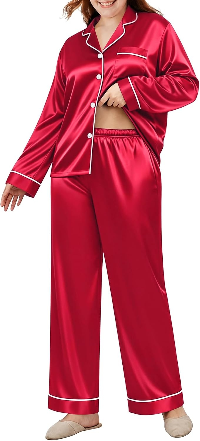 image:imageSWOMOG Womens Plus Size Pajamas Silky Pajama Set Button Down Sleepwear Classic Silk Pj Set Ladies Two Piece Loungewear Set 20W Scarlet Red