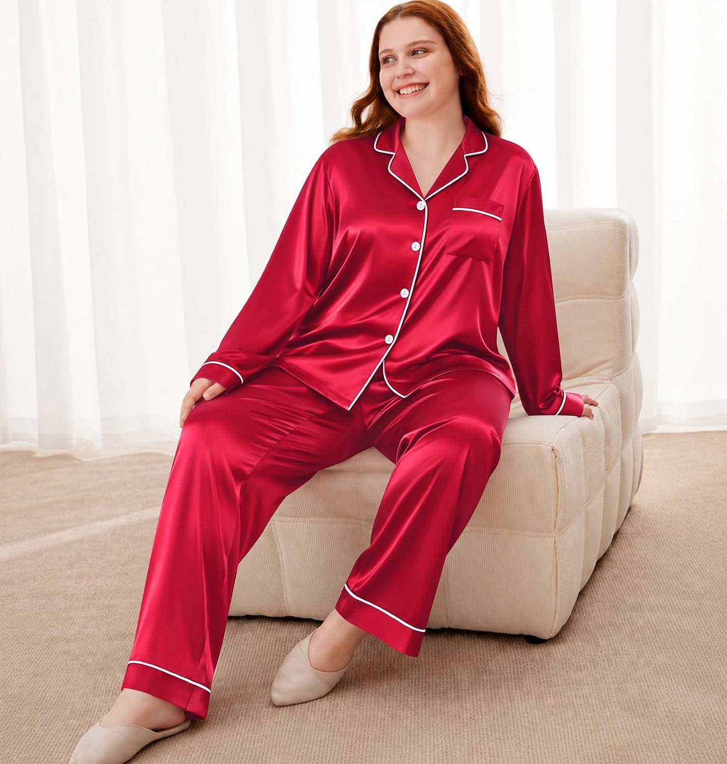 image:imageSWOMOG Womens Plus Size Pajamas Silky Pajama Set Button Down Sleepwear Classic Silk Pj Set Ladies Two Piece Loungewear Set 20W Scarlet Red