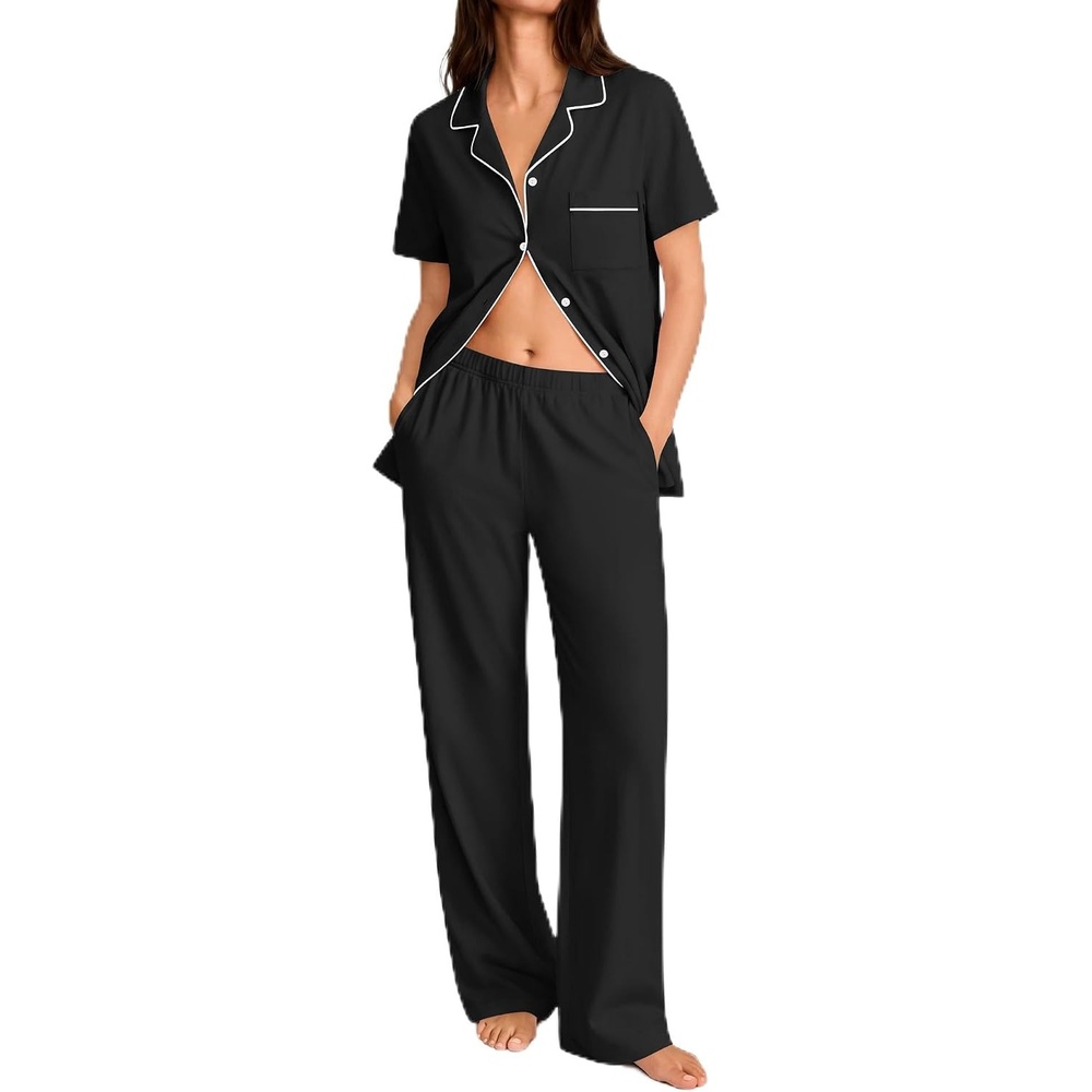 image:imageSWOMOG 100 Cotton Women Pajamas Set 2PCS Button Down Pjs Print Soft Lounge Short Sleeve Tops and Long Pants with PocketBlack