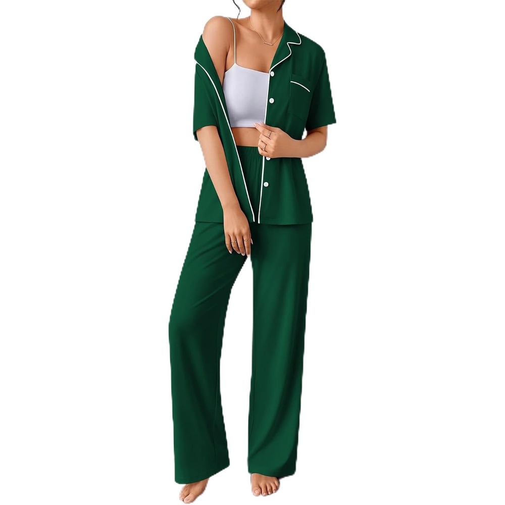 image:imageSWOMOG 100 Cotton Women Pajamas Set 2PCS Button Down Pjs Print Soft Lounge Short Sleeve Tops and Long Pants with PocketGreen