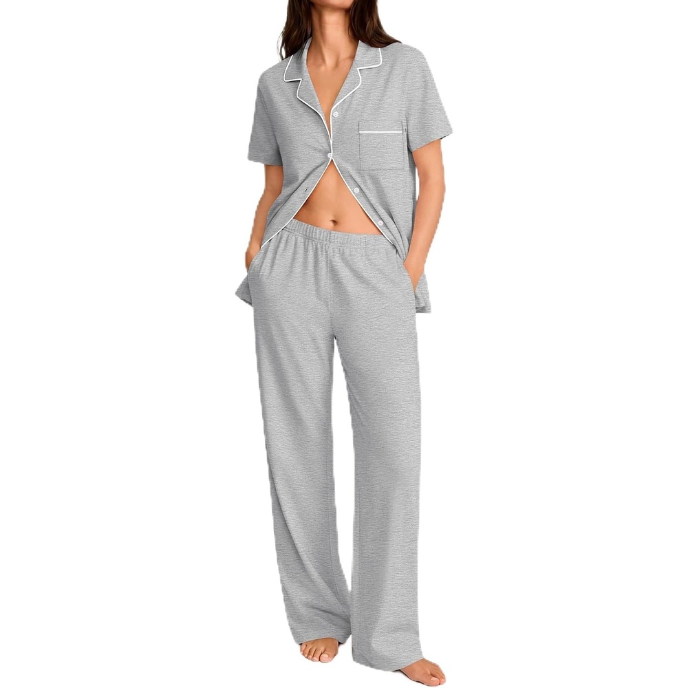 image:imageSWOMOG 100 Cotton Women Pajamas Set 2PCS Button Down Pjs Print Soft Lounge Short Sleeve Tops and Long Pants with PocketGrey