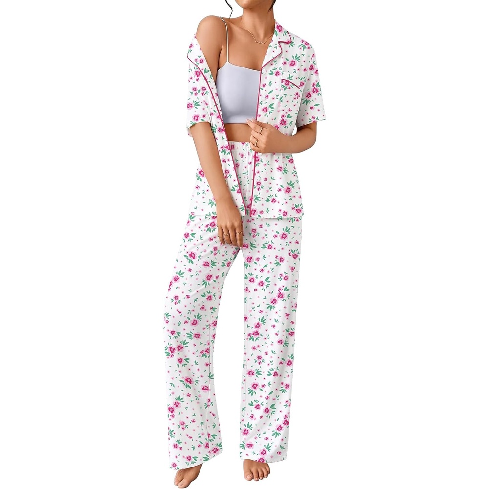 image:imageSWOMOG 100 Cotton Women Pajamas Set 2PCS Button Down Pjs Print Soft Lounge Short Sleeve Tops and Long Pants with PocketRose Red Flower