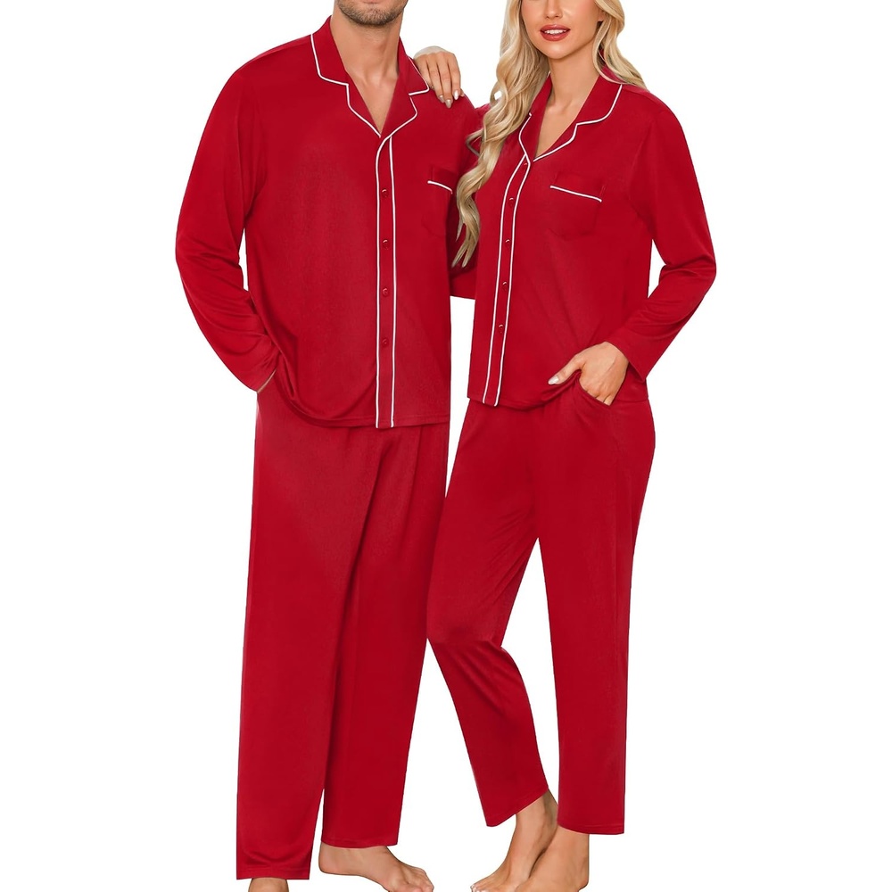 image:imageSWOMOG Matching Family Pajama Set Long Sleeve Christmas Pajama Button Down Holiday Sleepwear Men Wine Red Large
