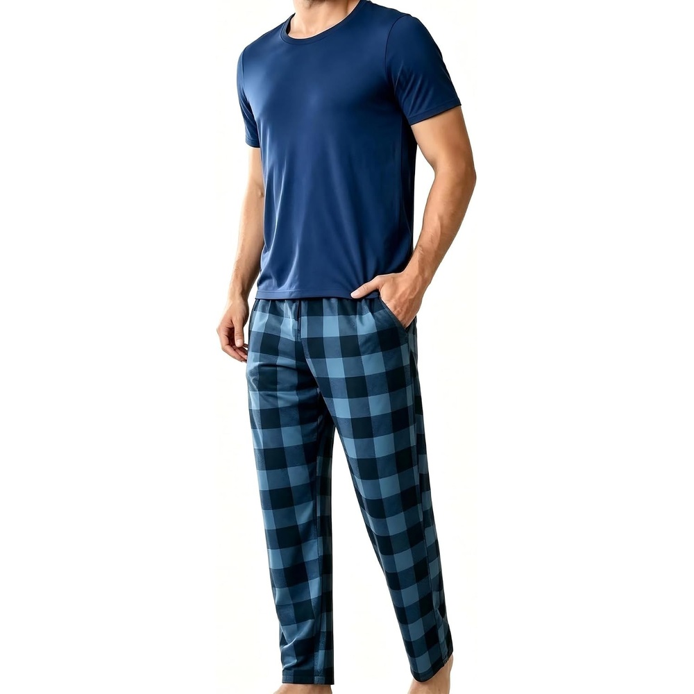 image:imageSWOMOG Men Pajama Sets for Christmas Long Sleeve Sleepwear Plaid Pants with PocketsBlackblue Plaid