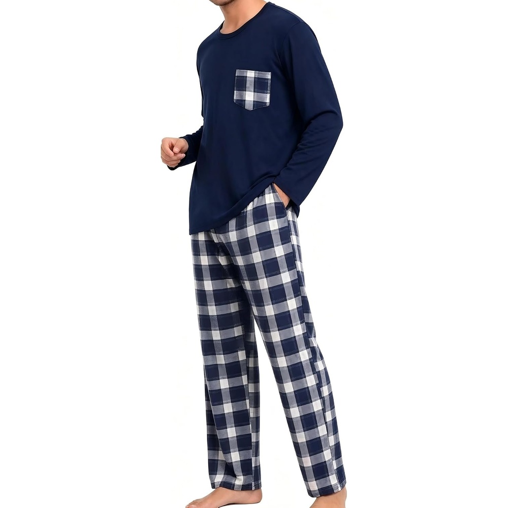 image:imageSWOMOG Men Pajama Sets for Christmas Long Sleeve Sleepwear Plaid Pants with PocketsNavy Blue Plaid