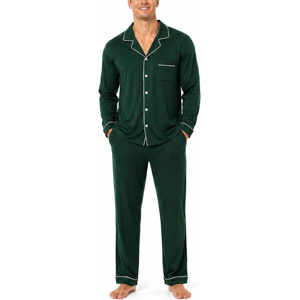 image:imageSWOMOG Mens 100 Cotton Pajama Sets Soft Long Sleeve Sleepwear Pjs SetsGreen