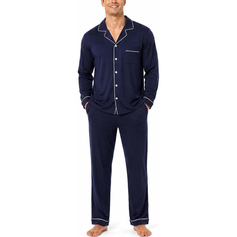 image:imageSWOMOG Mens 100 Cotton Pajama Sets Soft Long Sleeve Sleepwear Pjs SetsNavy Blue