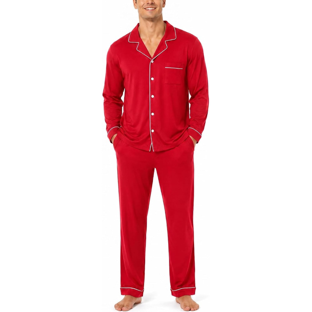 image:imageSWOMOG Mens 100 Cotton Pajama Sets Soft Long Sleeve Sleepwear Pjs SetsRed Christmas