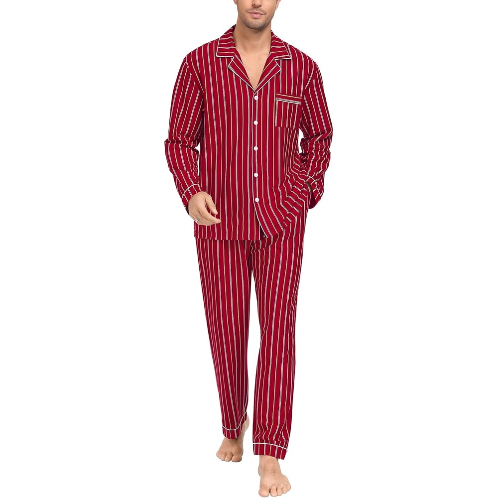 image:imageSWOMOG Mens 100 Cotton Pajama Sets Soft Long Sleeve Sleepwear Pjs SetsWine Red Striped