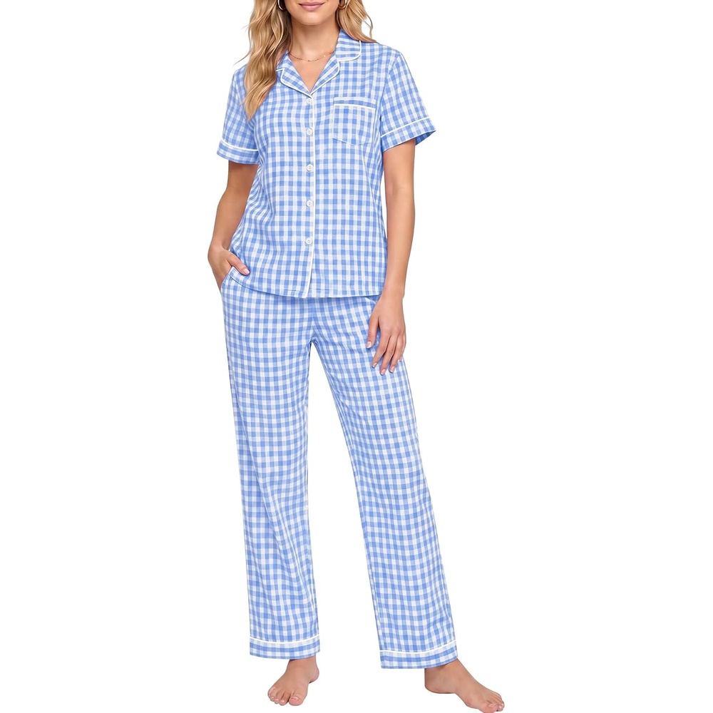 image:imageSWOMOG Women 100 Cotton Pajamas Set 2PCS ButtonDown Sleepwear Tops and Pants with Pocket Summer Loungewear SXXLLight Bluewhite Plaid