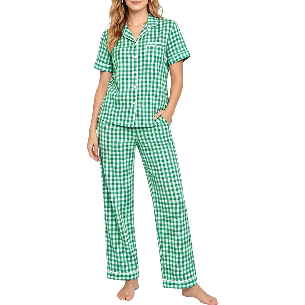 image:imageSWOMOG Women 100 Cotton Pajamas Set 2PCS ButtonDown Sleepwear Tops and Pants with Pocket Summer Loungewear SXXLLight Greenwhite Plaid