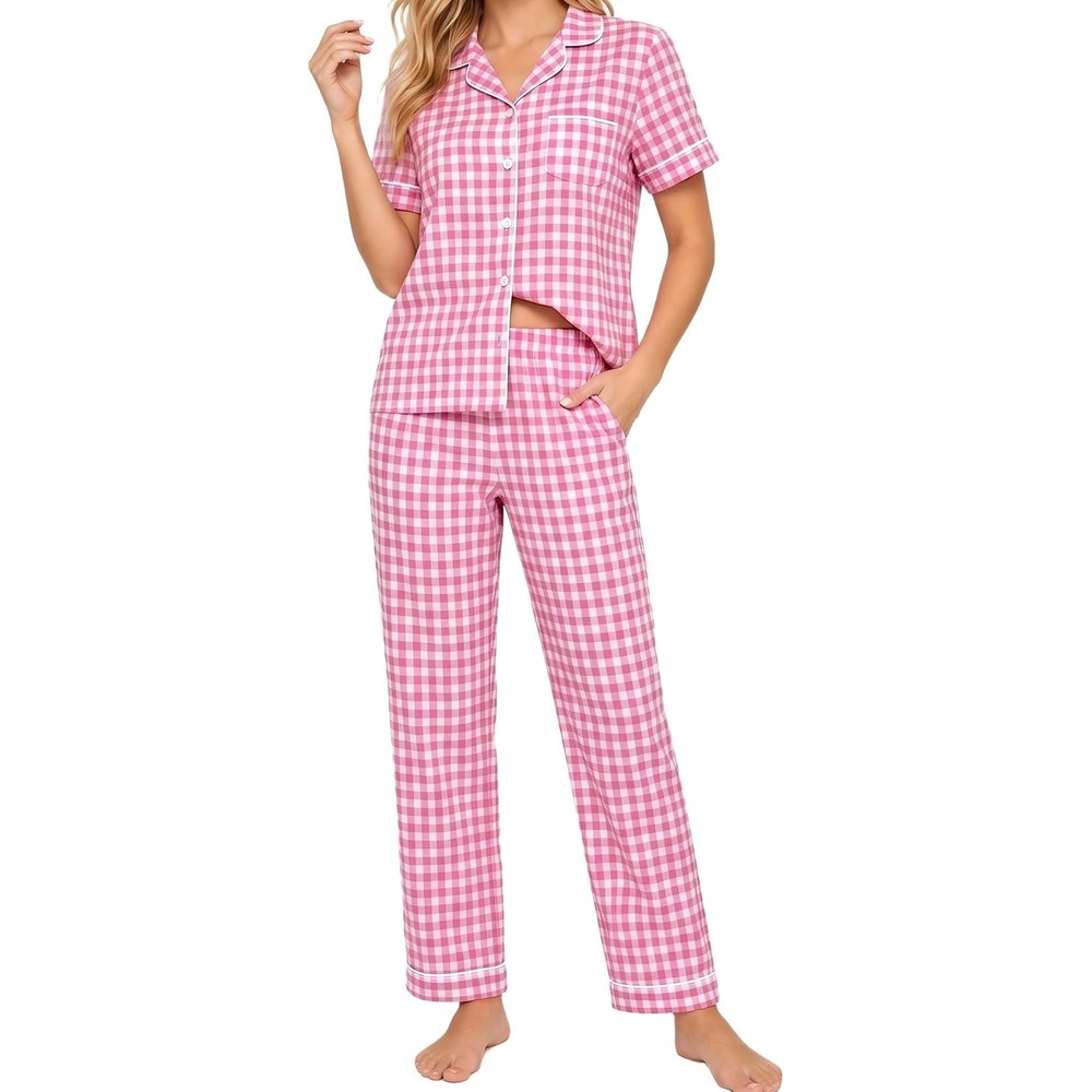 image:imageSWOMOG Women 100 Cotton Pajamas Set 2PCS ButtonDown Sleepwear Tops and Pants with Pocket Summer Loungewear SXXLPinkwhite Plaid