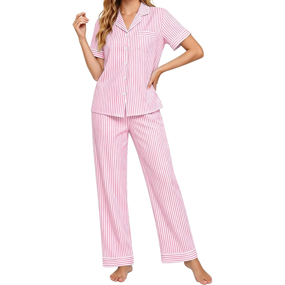 image:imageSWOMOG Women 100 Cotton Pajamas Set 2PCS ButtonDown Sleepwear Tops and Pants with Pocket Summer Loungewear SXXLPinkwhite Stripes