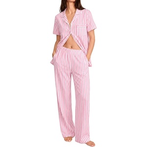 SWOMOG 100% Cotton Women Pajamas Set 2PCS Button Down Pjs Print Soft Lounge Short Sleeve Tops and Long Pants with Pocket(Pink Striped)