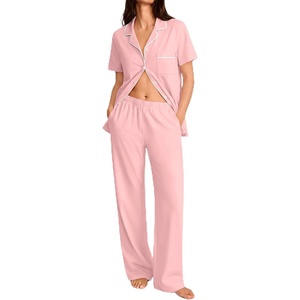 SWOMOG 100% Cotton Women Pajamas Set 2PCS Button Down Pjs Print Soft Lounge Short Sleeve Tops and Long Pants with Pocket(Pink White Trim)