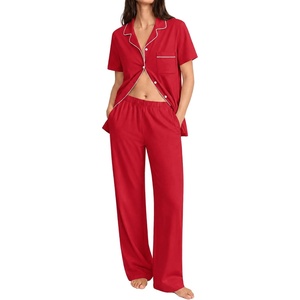SWOMOG 100% Cotton Women Pajamas Set 2PCS Button Down Pjs Print Soft Lounge Short Sleeve Tops and Long Pants with Pocket(Red)