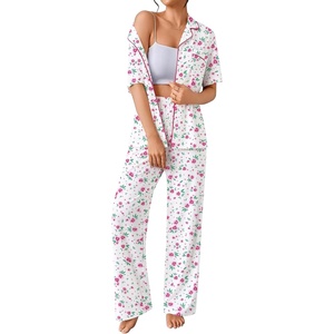 SWOMOG 100% Cotton Women Pajamas Set 2PCS Button Down Pjs Print Soft Lounge Short Sleeve Tops and Long Pants with Pocket(Rose Red Flower)