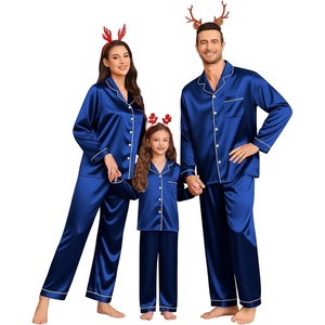 SWOMOG Family Matching Pajamas Set Silk Satin Button Down Sleepwear Long Sleeve Nightwear 2 Pcs Pj Set S-XXL(Navy Blue1)